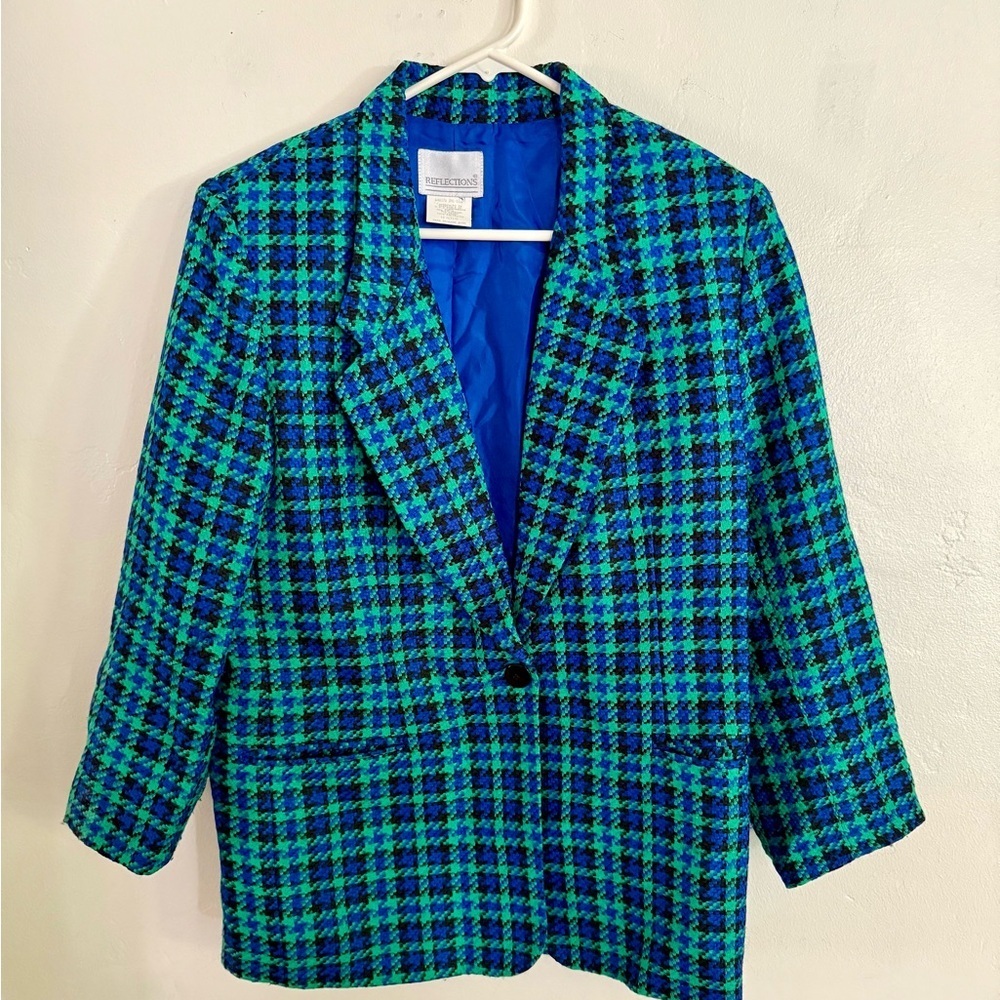 Vintage Reflections Green and Blue Plaid Blazer, Size 10 Petite